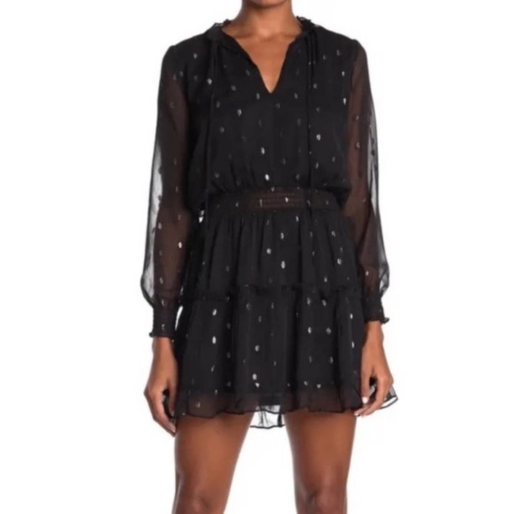 NSR Emma Ruffled Long Sleeve Smocked Waist Mini Dress Black Silver Dot Small 4-6